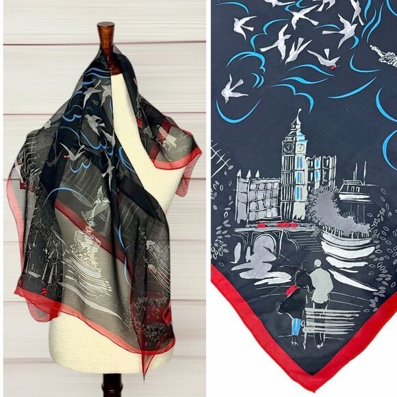 Lulu Guinness Accessories - Lulu Guinness Silk Chiffon Scarf London Conture Themed Black Red Sheer 33x33"